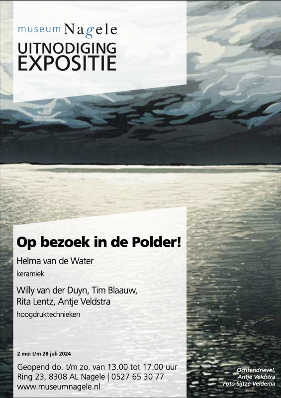 Poster van de tentoonstelling Op bezoek in de Polder! in Museum Nagele in Nagele.